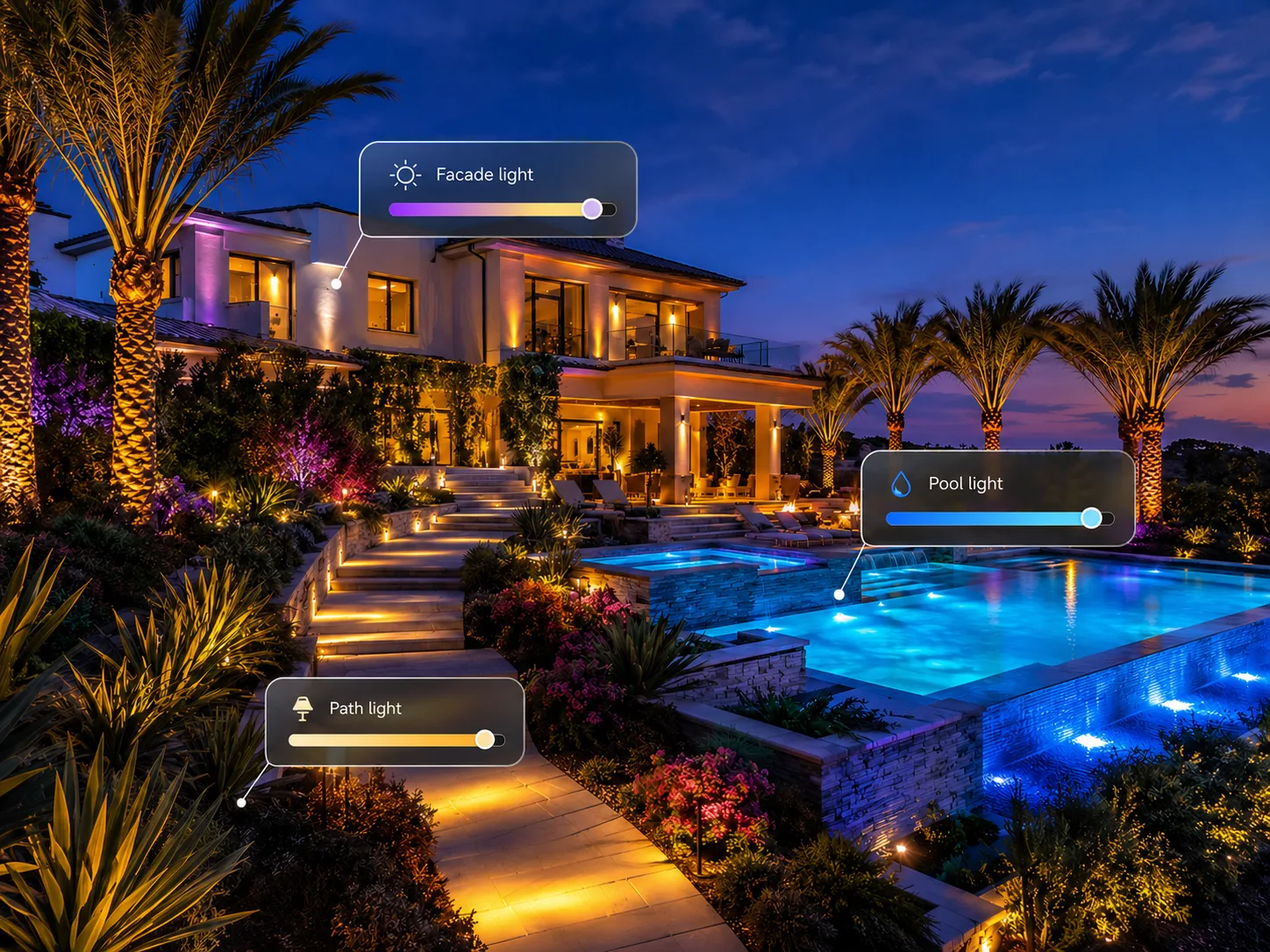 Luxury villa pool and garden with colorful evening landscape lighting