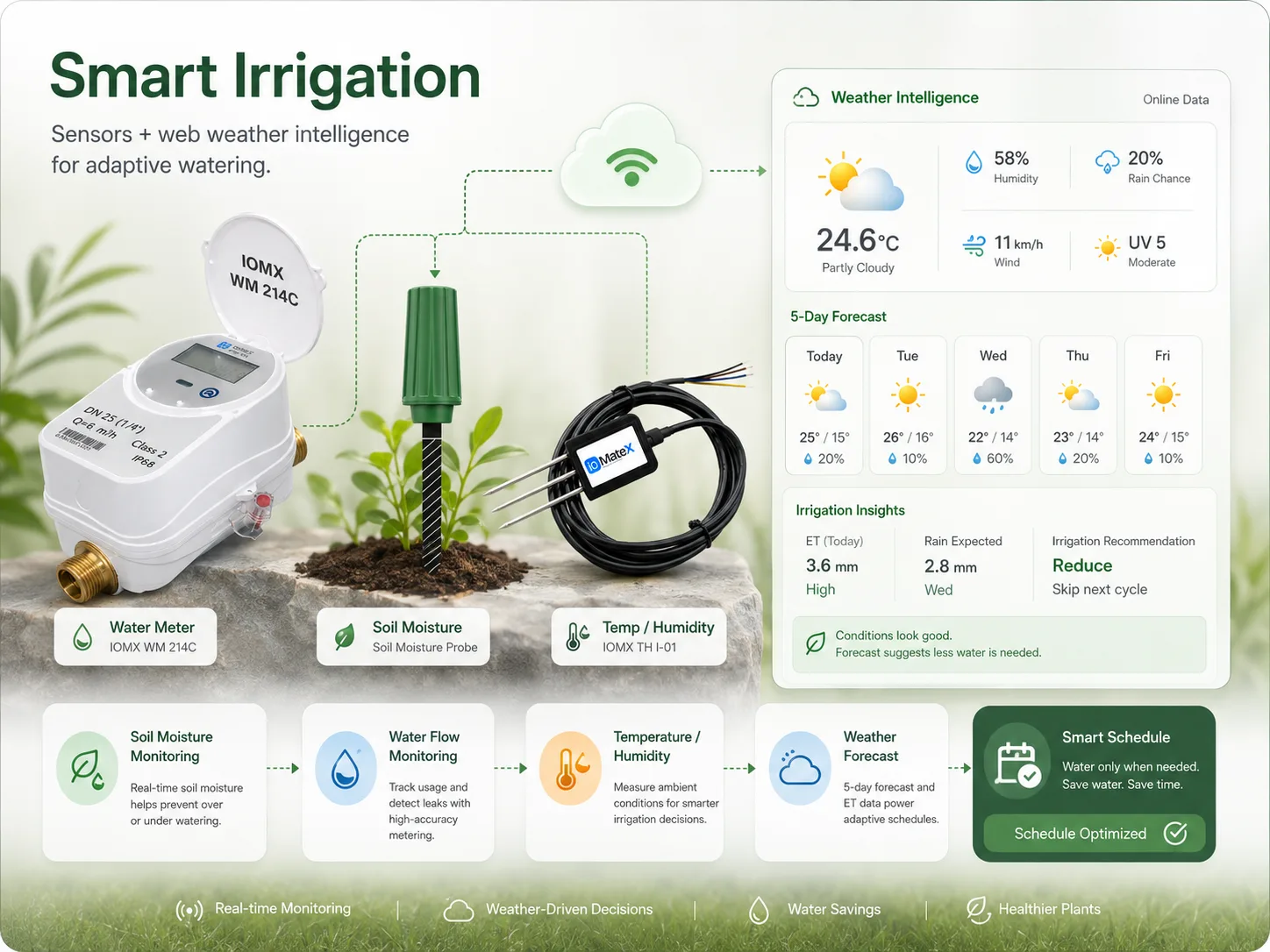 Smart irrigation system with water meter, soil moisture probe, temperature and humidity sensor, and weather intelligence dashboard